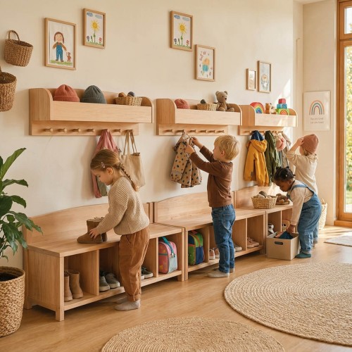 Kinder nutzen praktische Holz Garderobe mit Sitzbank und Kleiderstange im modernen Montessori Kinderzimmer